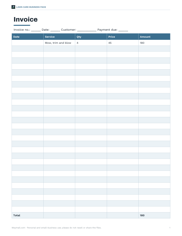 Preview of Printable Lawn Mowing Invoice