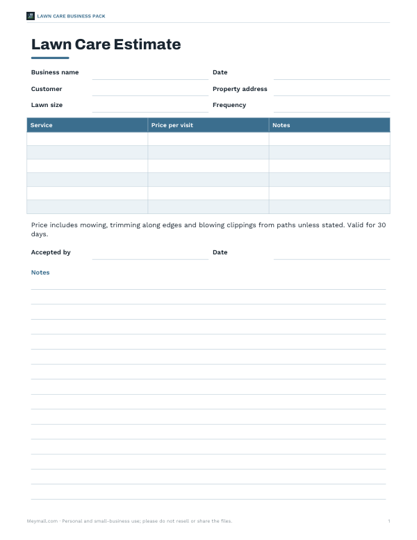 Preview of Printable Lawn Care Estimate Template